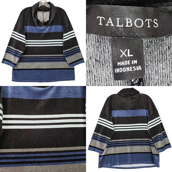 Talbots Sweatshirt Velour Stretch Knit Womens Size XL Blue Black Striped - Picture 1 of 7